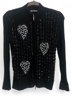 Y2K BLACK EMBELLISHED HEART SEQUIN ZIP UP LONG SLEEVE RIBBED KNIT SWEATER XS